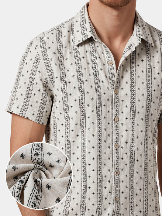 Chemise Homme à Rayures Style Bohème en Lin et Coton d’Été Manches Courtes