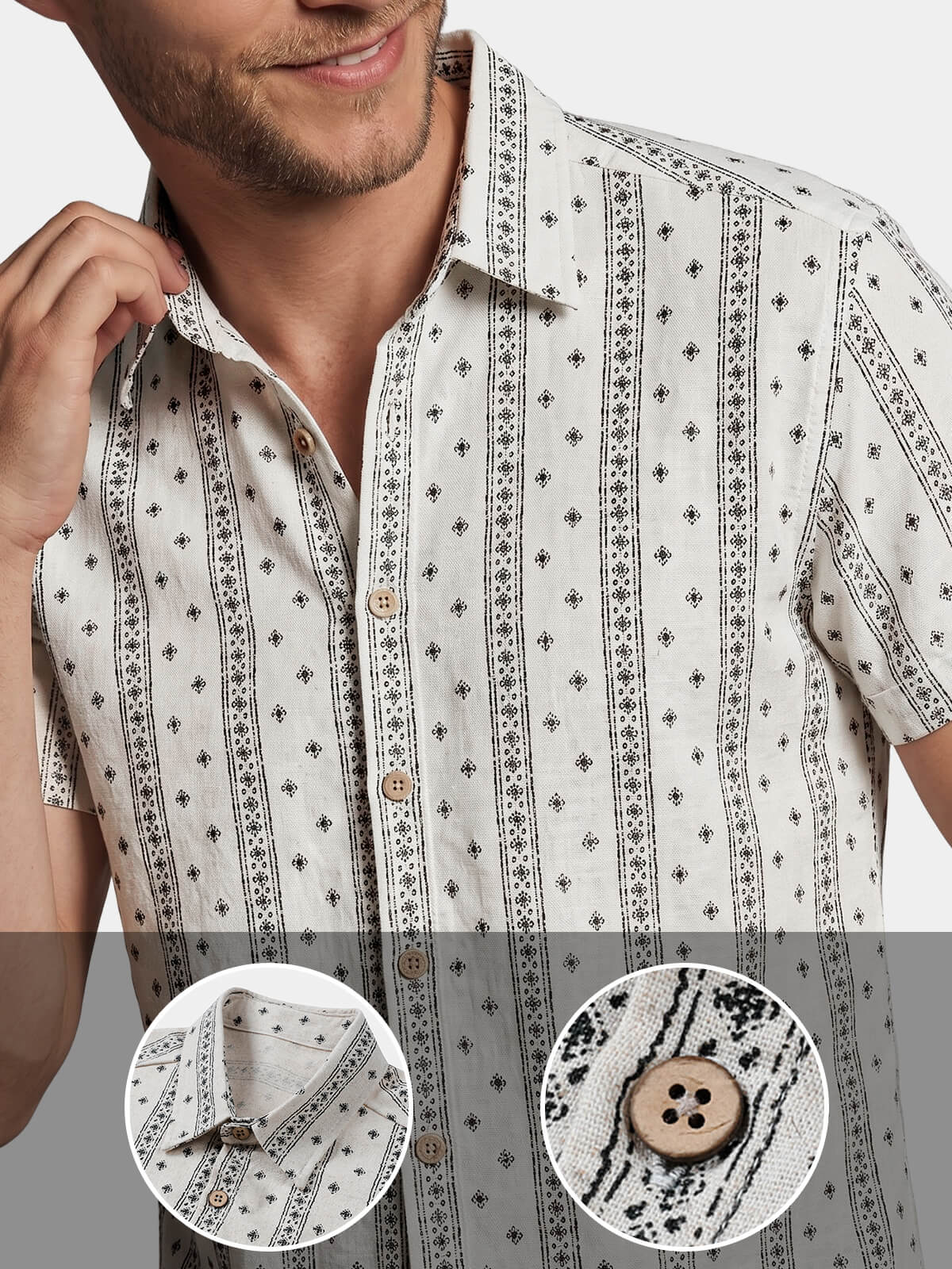 Chemise Homme à Rayures Style Bohème en Lin et Coton d’Été Manches Courtes