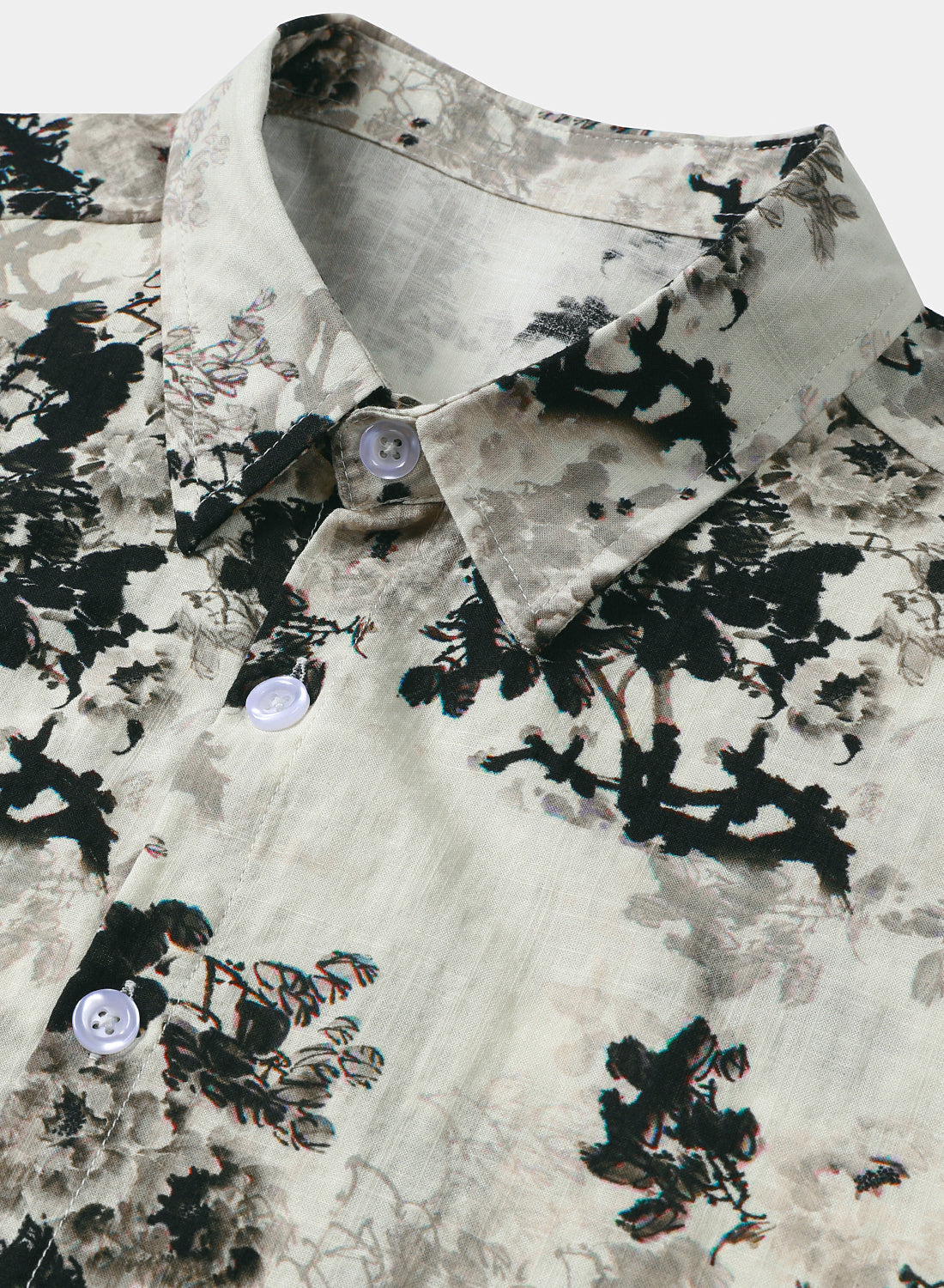 Chemise Homme Beige à Imprimé Floral Effet Encre Lavée Décontractée Manches Courtes
