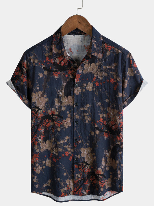 Chemise Homme Bleu Marine à Imprimé Floral Artistique Décontractée Manches Courtes