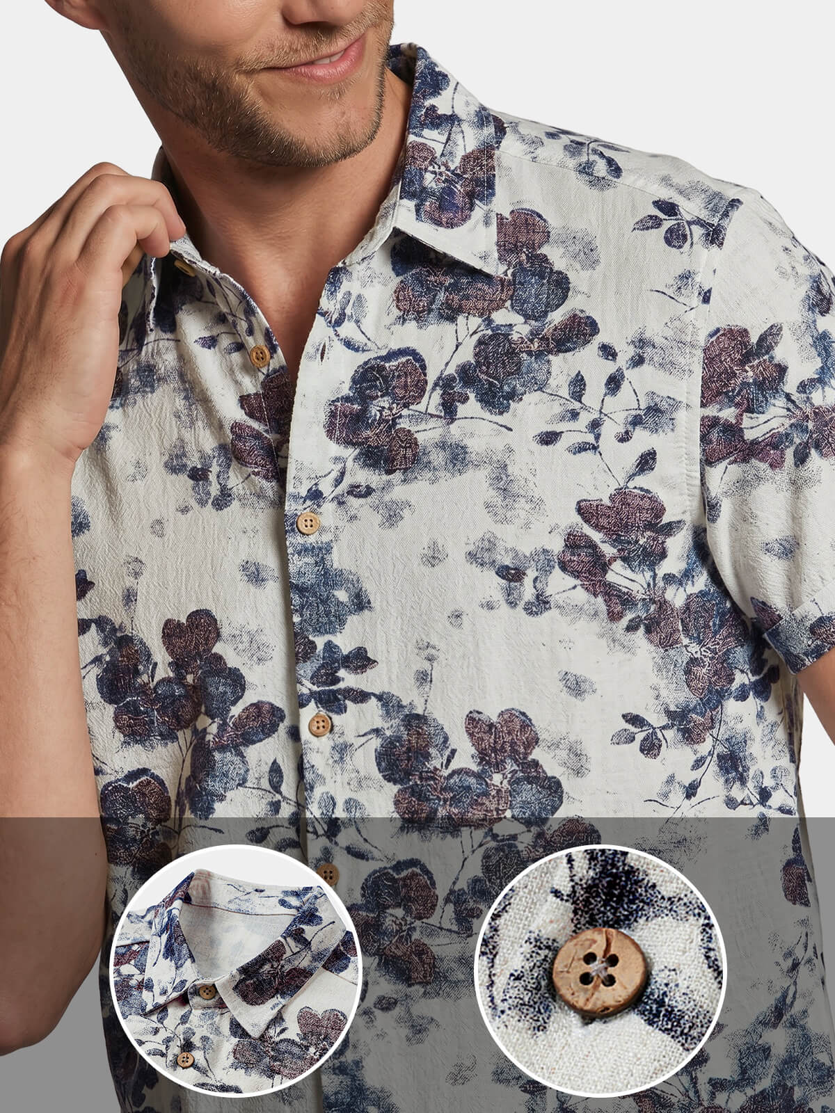 Chemise Homme à Motif Botanique en Lin et Coton d’Été Manches Courtes