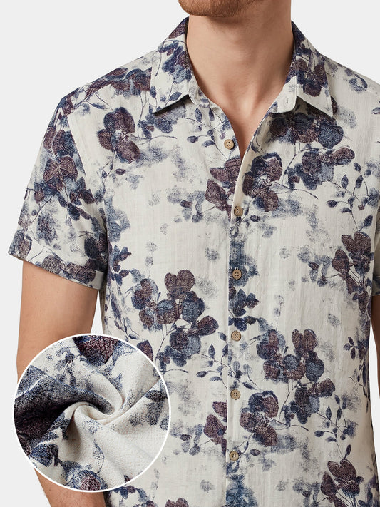 Chemise Homme à Motif Botanique en Lin et Coton d’Été Manches Courtes